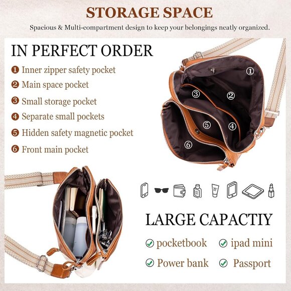 Leather Crossbody Bag Women Small Stylish Multi-Pocket Purses Travel Shopping - Picture 5 of 7